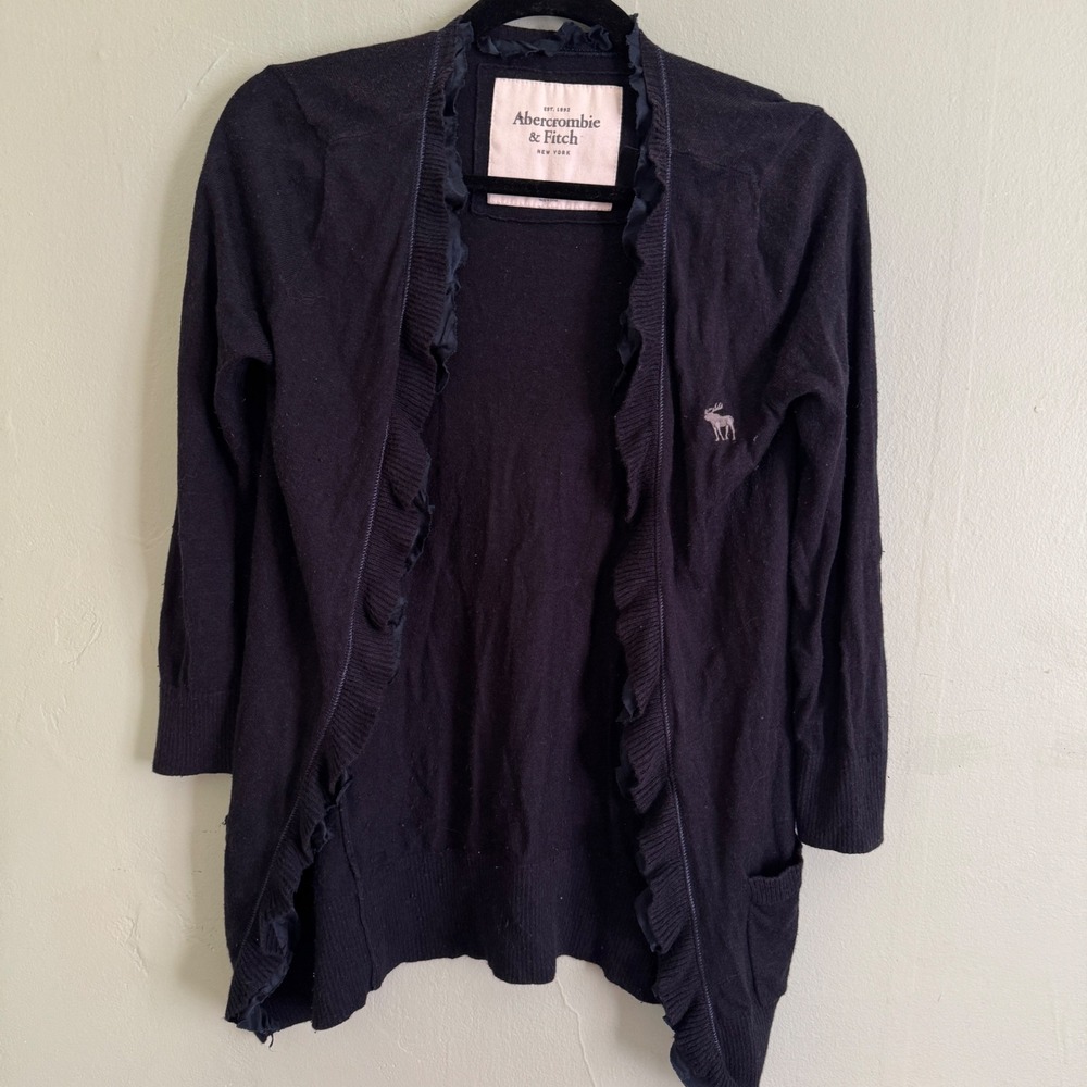 Abercrombie & Fitch Navy Blue Ruffle Trim Open Front Cardigan Sweater Womens M